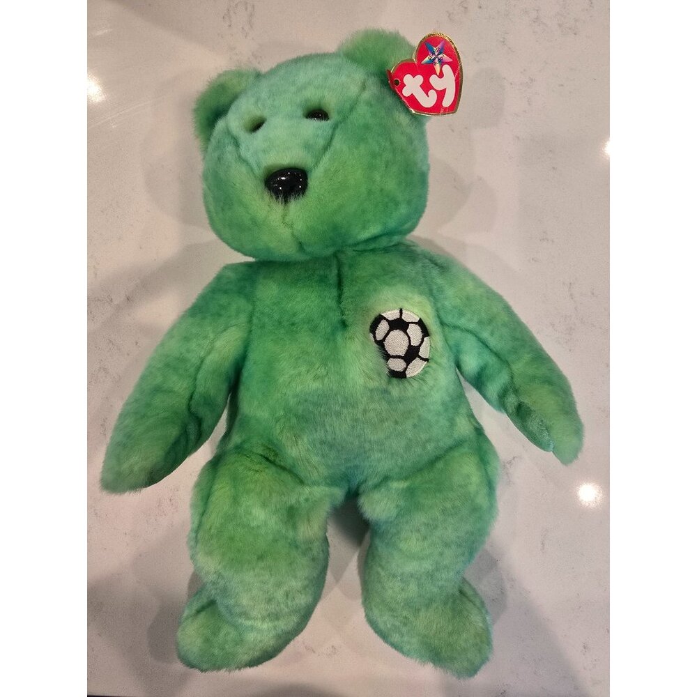 Ty Beanie Buddies Collection Kicks Bear Soccer Embroidered Plush Green Soft Toy